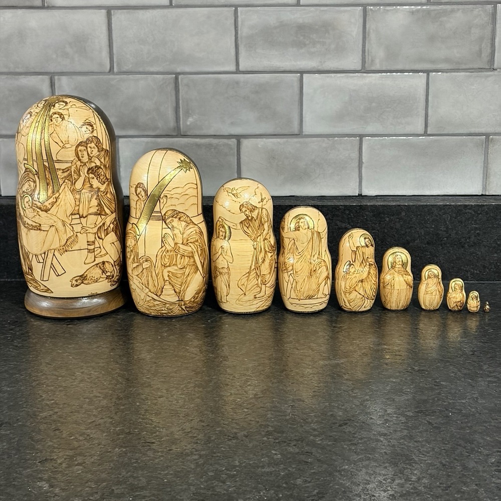 Jesus Nativity to Death Russian Nesting Dolls Wood‎ Burned Hand Painted Signed